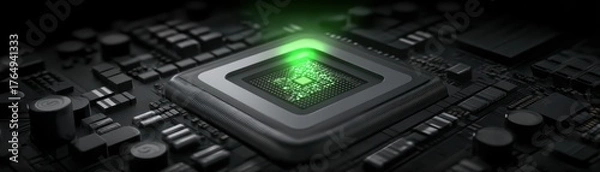 Fototapeta Close-up of a green glowing microchip integrated with electronic circuits on a dark circuit board background with detailed components and technology theme
