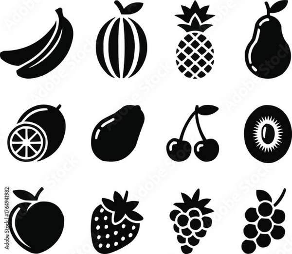 Obraz Fruit and Food Glyph Icons  Tropical and Fresh Produce Silhouette Vector Set