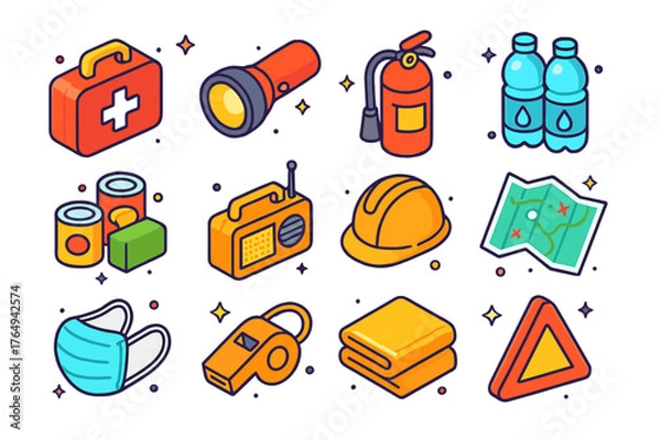 Fototapeta Colorful Emergency Icons. Emergency kit. Colorful isometric vector icons set of emergency kit: first aid kit, flashlight, fire extinguisher, water bottles,