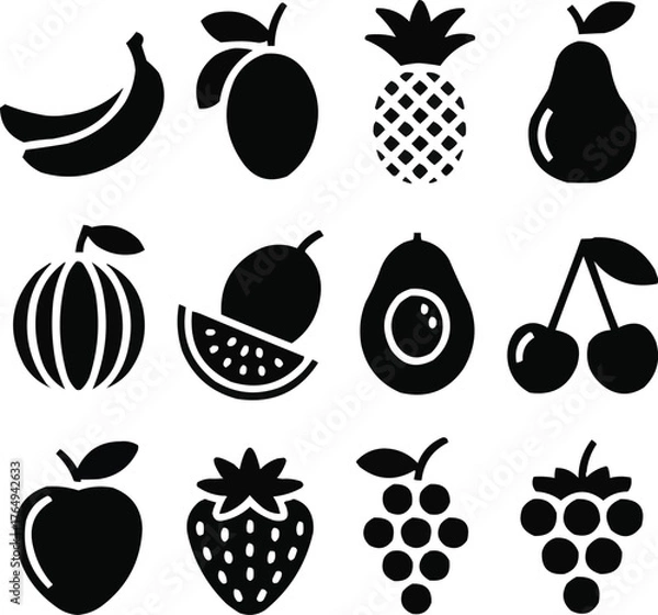 Obraz Fruit and Food Glyph Icons  Tropical and Fresh Produce Silhouette Vector Set