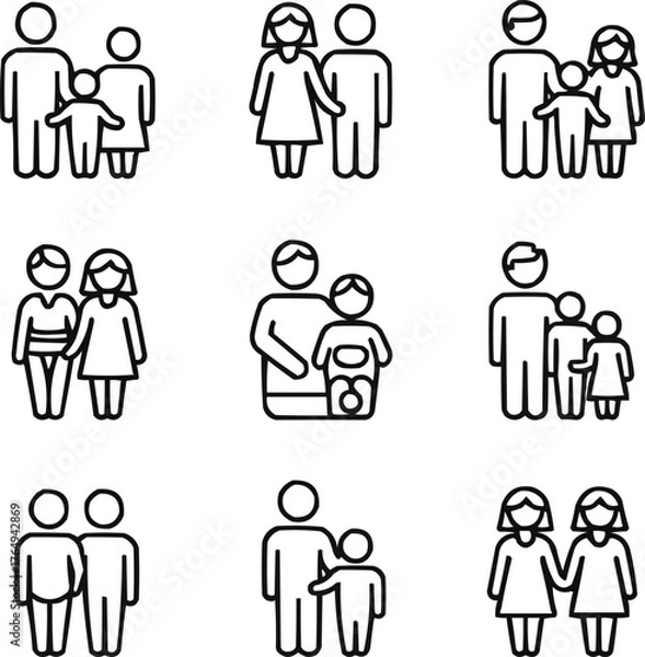 Obraz Parenting and Family Outline Icons Minimal Generational Line Vector Set