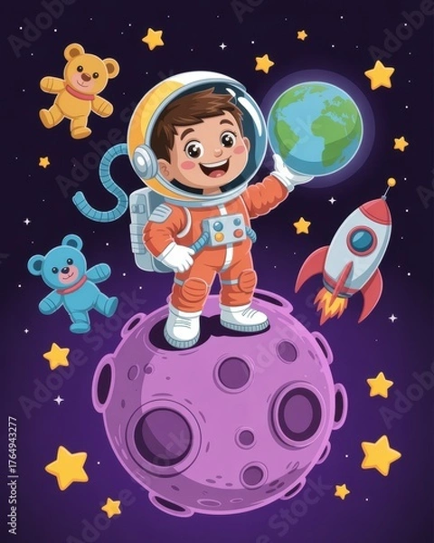 Fototapeta A cheerful child astronaut holds the Earth while standing on a purple moon, surrounded by stars and colorful teddy bears.