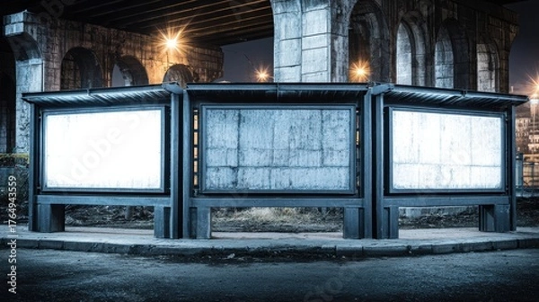 Fototapeta Modern illuminated advertising display stand with empty screens under bridge at night in urban setting for marketing promotion