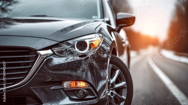 Obraz Car with broken headlight on the side of the road after an accident.