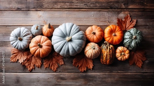 Obraz Autumn harvest of pumpkins and gourds on a rustic wooden background.