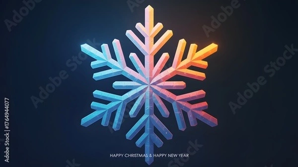 Fototapeta Vibrant multicolored snowflake with glowing icy crystalline structure against a dark background in a gradient of cool to warm colors