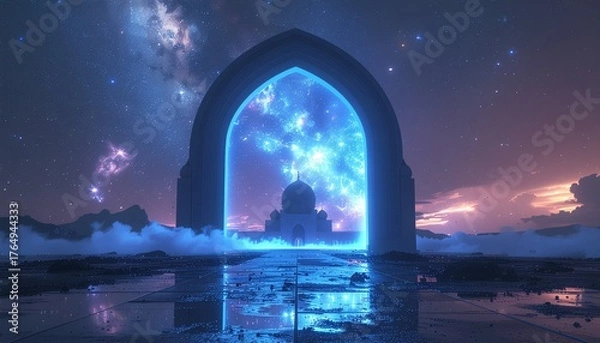Obraz Futuristic scene of glowing portal revealing mosque beneath galaxy stars. Surreal blend of islamic spirituality and sci-fi atmosphere, perfect for conceptual religious design.