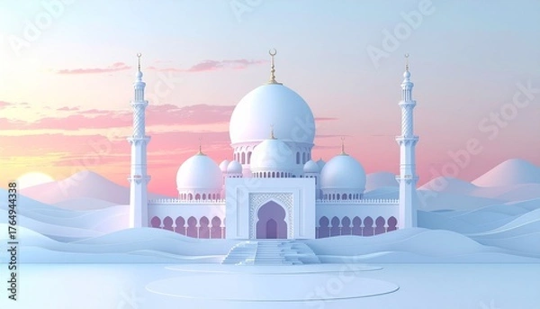 Obraz Stylized 3D pastel mosque surrounded by abstract dunes under sunrise sky. Minimal modern islamic background perfect for ramadan, eid, or spirituality design compositions.