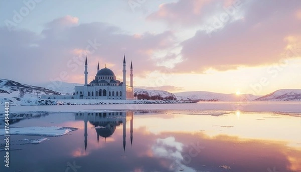 Obraz Beautiful mosque with twin minarets reflected on icy lake at dawn. Peaceful winter islamic landscape with warm light and pastel sky for ramadan or travel themes.