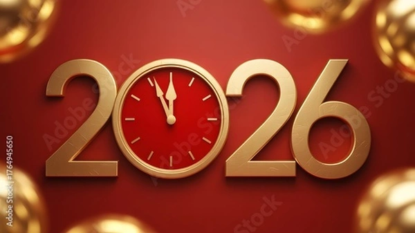 Fototapeta Golden 2026 numbers with a clock face replacing the zero symbolizing the approaching new year s eve celebration