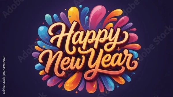 Fototapeta Vibrant and colorful artistic lettering of happy new year surrounded by abstract splashes of paint and confetti against a dark background