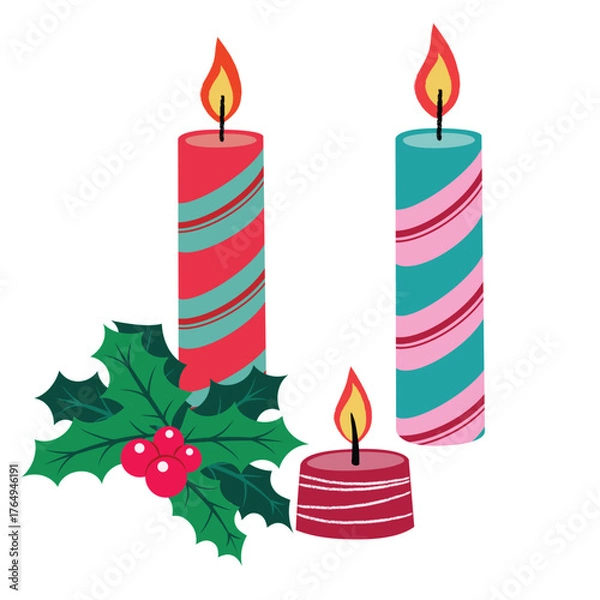 Obraz Decorated candles for Christmas celebration with holly leaves and berries. winter holiday celebration design elements.  