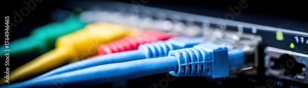 Fototapeta Close-up of colorful Ethernet cables connected to a network switch or router in a modern data center or office setting