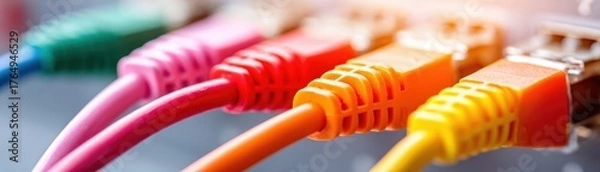 Fototapeta Close-up of colorful Ethernet cables connected to a network port illustrating data transfer and internet connectivity concept