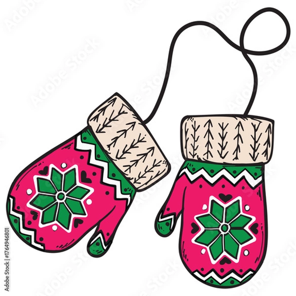 Obraz Christmas mittens with winter pattern. hand-drawn knitted gloves festive winter design element vector. 