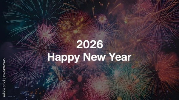 Fototapeta Vibrant and colorful fireworks explode in the night sky celebrating the arrival of the happy new year 2026 with a festive atmosphere