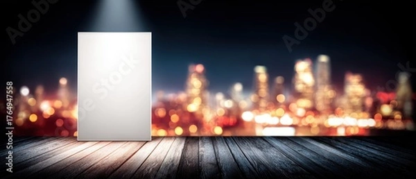 Fototapeta Wide open blank white door standing on wooden floor with cityscape blurred lights background at night for creative concept