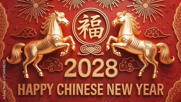 Fototapeta Golden horses and fireworks celebrate the 2028 chinese new year with a traditional fu character symbol for good fortune