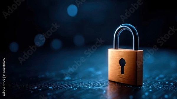 Fototapeta Close-up of a small golden padlock with a keyhole on a digital surface illuminated by blue light, symbolizing cybersecurity and data protection