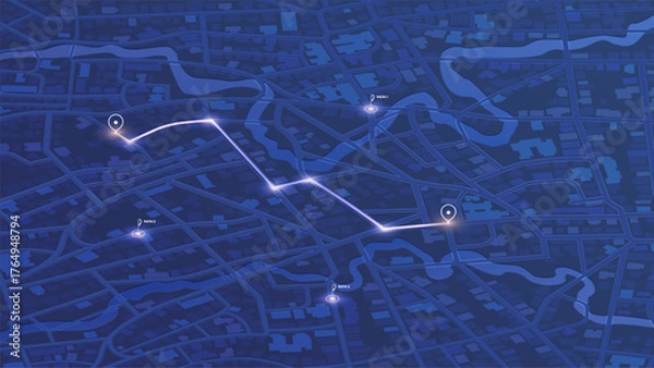 Fototapeta Glowing Navigation Route with Multiple Path Options on Dark Blue Digital City Map. Vector illustration.