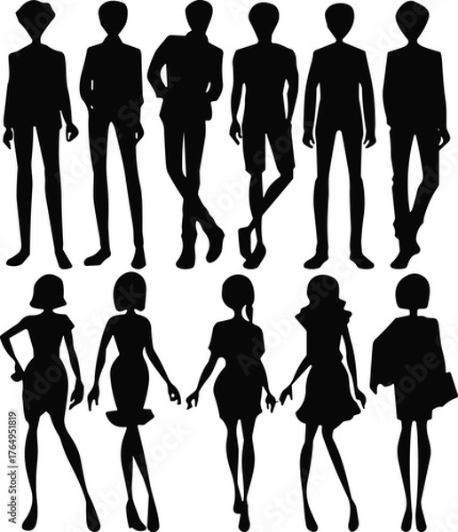 Fototapeta Set of male and female fashion silhouettes in various poses and outfits, black vector icons for style, design, and modeling