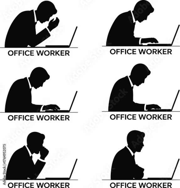 Fototapeta Set of six black silhouette icons of stressed office workers at desks showing fatigue, burnout, and workplace posture variations