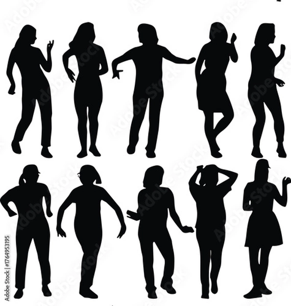 Fototapeta Set of ten black silhouette icons of people in various standing poses showing gesture, movement, and body language diversity