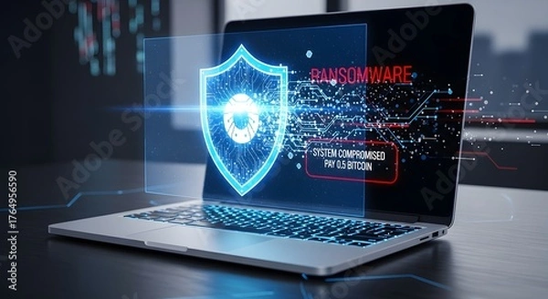 Obraz Ransomware attack on a laptop computer, displaying a security shield and payment request