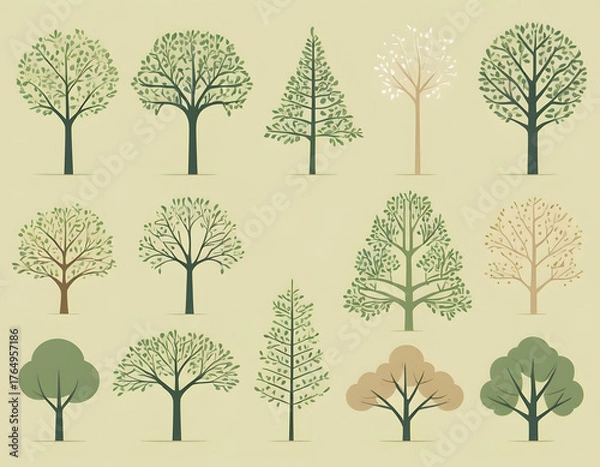 Obraz A collection of stylized vector tree icons and illustrations, representing different seasons and species, on a light neutral background.