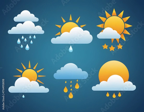 Obraz A collection of modern, gradient vector weather icons representing various conditions like rain, sun, and clouds on a dark blue background.