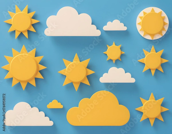 Obraz A playful 3D rendering of bright yellow suns and white clouds with a cast shadow effect on a blue sky background.