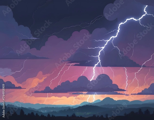 Obraz A dramatic vector illustration of a lightning storm striking over a mountain landscape with layered clouds and a colorful twilight sky.