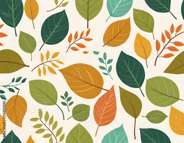 Obraz A seamless pattern of various stylized leaves and branches in a rich earth tone palette, perfect for autumn or nature designs.