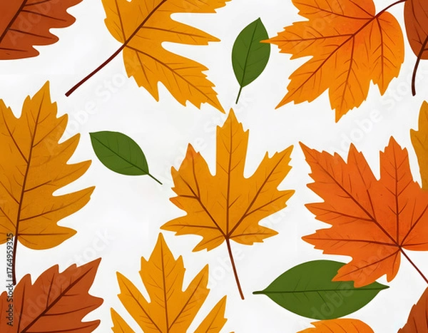 Obraz A simple seamless pattern of large autumn leaves (maple and others) in warm orange and yellow tones on a bright white background.