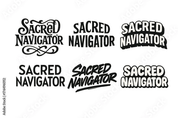 Obraz Sacred Navigator Lettering Styles. Sacred Navigator. Set lettering. harmonious lettering variations of the same emblematic concept (Whimsical curly type with
