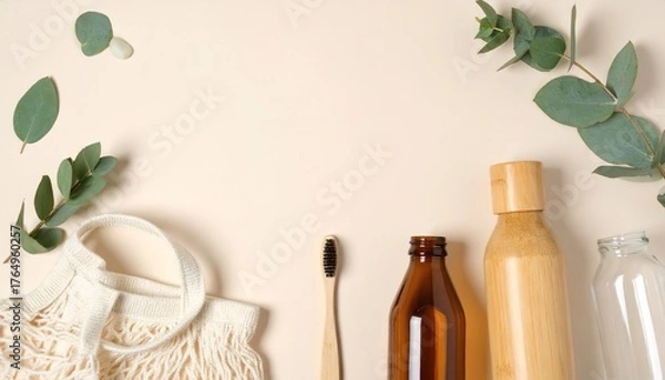 Obraz Eco-Friendly Flat Lay with Bamboo Toothbrush and Reusable Bag