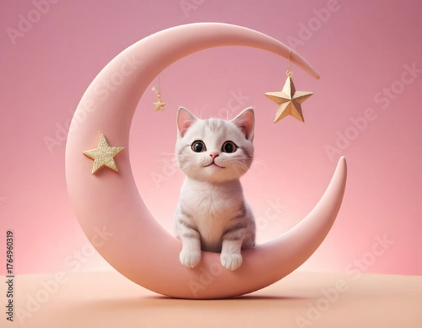 Obraz An adorable fluffy white kitten nestled inside a soft pink crescent moon, adorned with dangling gold stars, against a gentle pink background.