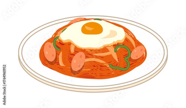 Obraz 皿に盛った目玉焼きを乗せたナポリタンのイラスト