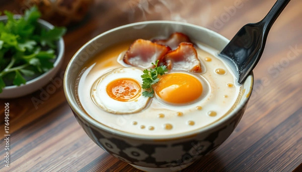 Fototapeta creamy ramen bowl with egg and pork slices