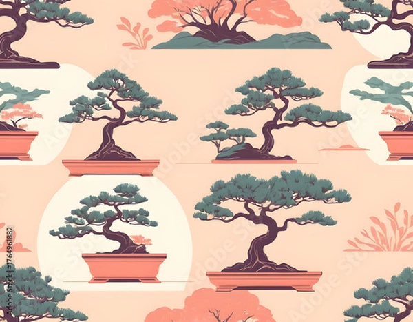 Obraz A seamless pattern of stylized Bonsai trees in terracotta pots, featuring a serene color palette of teal, terracotta, and soft pink.