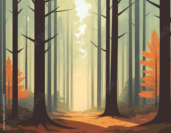Obraz A stylized illustration of a dense forest with tall trees and a path leading into a bright clearing, featuring autumn colors and a misty atmosphere.