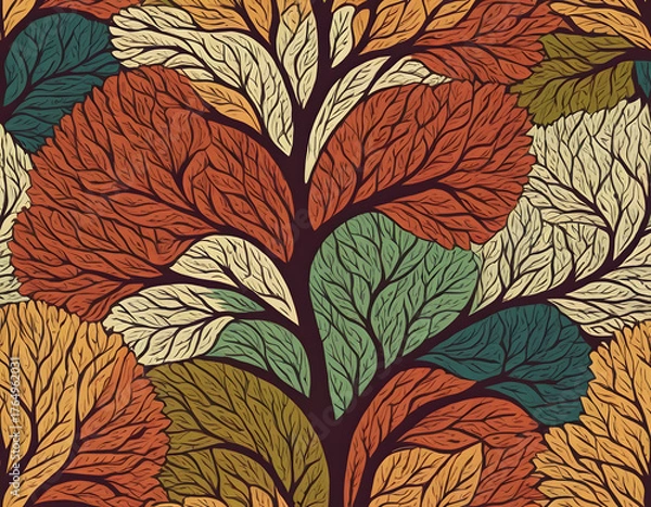 Obraz A highly detailed, seamless pattern of interlocked tree branches and leaves in a rich, textured autumnal color palette.