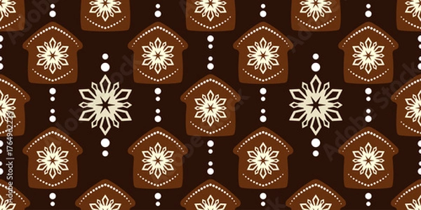 Obraz Brown gingerbread house with snowflake decor. Cozy winter holiday seamless pattern. Brown houses with beige snowflakes on dark brown chocolate background. Warm christmas holiday decor