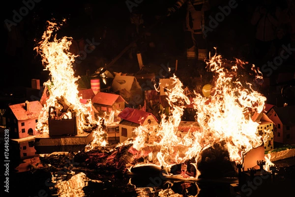 Fototapeta Cardboard houses burn in a fiery display at night.
