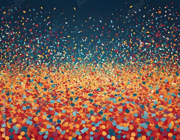 Obraz A vibrant confetti background with a dense bottom layer fading into a sparse top, creating a colorful gradient effect on a dark blue background
