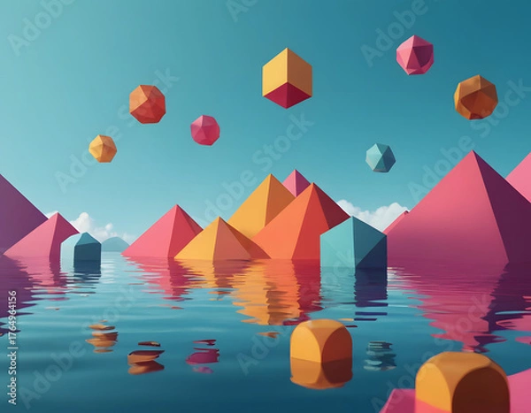 Obraz A colorful 3D-rendered abstract landscape featuring brightly colored geometric pyramids and floating shapes reflected in calm blue water under a clear sky.