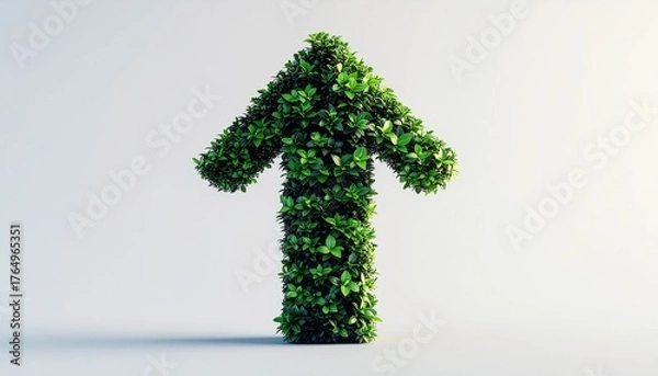 Obraz Eco-friendly 3D arrow covered with lush green leaves pointing upward. Concept of sustainable business growth, environment, and success with clean minimalist design.