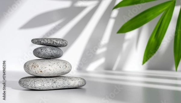 Obraz Minimalist zen stones stacked on white surface with soft tropical leaf shadows. Concept of balance, peace, and mindfulness for spa, wellness, and meditation visuals.