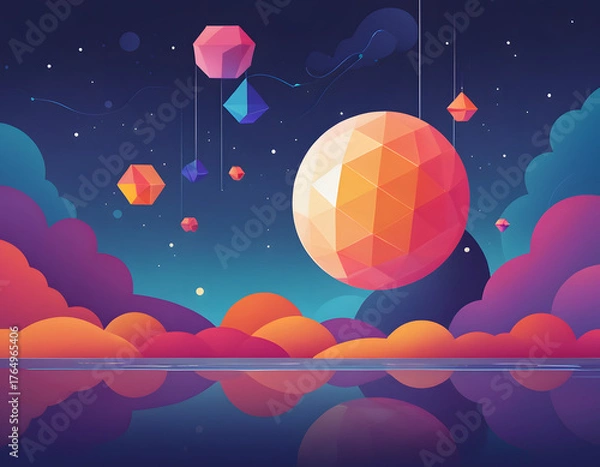 Obraz A surreal night landscape vector illustration featuring a large, low-poly polygonal moon and geometric shapes hanging in a dark sky over a reflective body of water.