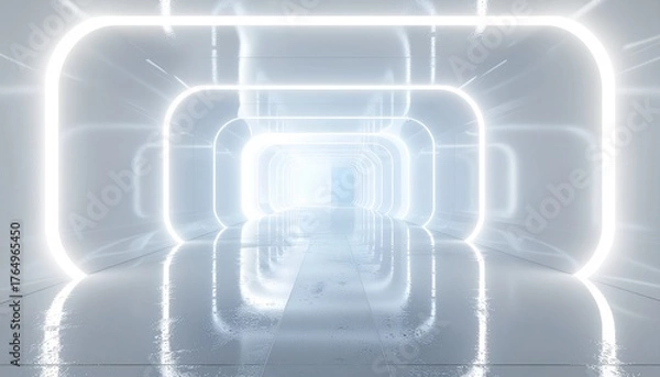 Obraz Bright futuristic white tunnel with glowing neon lights and reflective floor. Minimalist sci-fi corridor background in modern clean 3D style for technology or innovation themes.